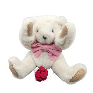 Vermont Teddy Bear Made in USA Cream White Plush Teddy Bear Pink Bow Roses